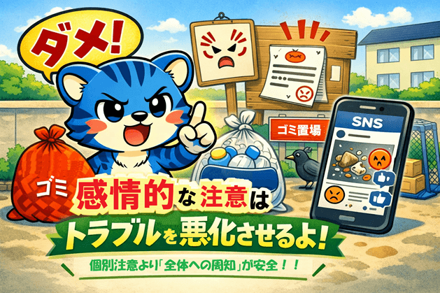 まちトラが注意ポーズでNG行動を説明しているイラスト