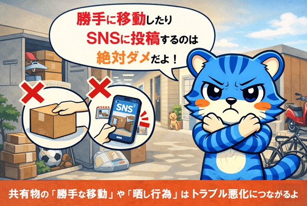 まちトラが共有スペースのNG行動を説明しているイラスト